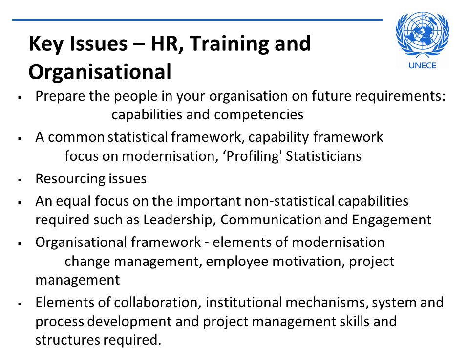 Key Issues – HR, Training and Organisational  Prepare the people in your organisation on future requirements: capabilities and competencies  A common statistical framework, capability framework focus on modernisation, ‘Profiling Statisticians  Resourcing issues  An equal focus on the important non-statistical capabilities required such as Leadership, Communication and Engagement  Organisational framework - elements of modernisation change management, employee motivation, project management  Elements of collaboration, institutional mechanisms, system and process development and project management skills and structures required.