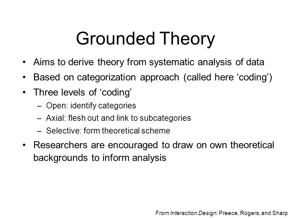 Grounded Theory Aims to derive theory from systematic analysis of data Based on categorization approach (called here ‘coding’) Three levels of ‘coding’ –Open: identify categories –Axial: flesh out and link to subcategories –Selective: form theoretical scheme Researchers are encouraged to draw on own theoretical backgrounds to inform analysis From Interaction Design.