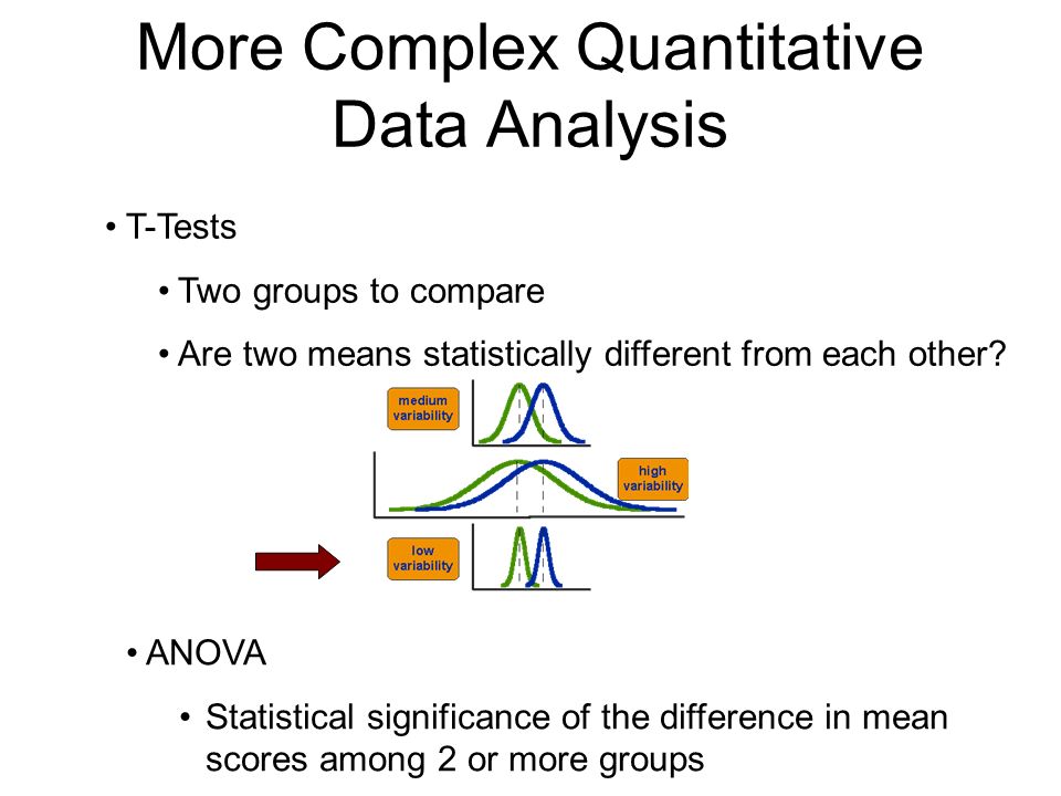 More Complex Quantitative Data Analysis T-Tests Two groups to compare Are two means statistically different from each other.