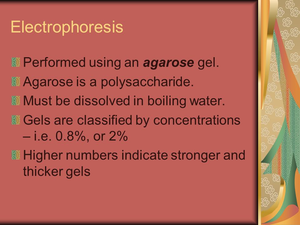 Electrophoresis Performed using an agarose gel. Agarose is a polysaccharide.