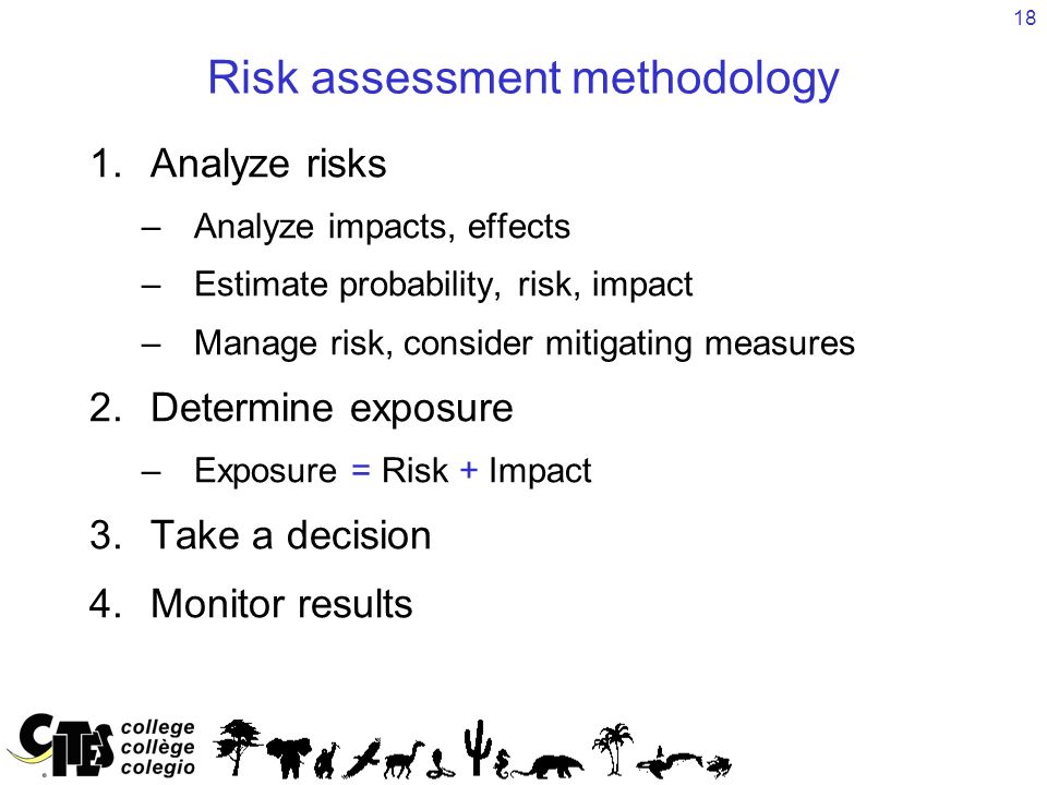 18 Risk assessment methodology 1.Analyze risks –Analyze impacts, effects –Estimate probability, risk, impact –Manage risk, consider mitigating measures 2.Determine exposure –Exposure = Risk + Impact 3.Take a decision 4.Monitor results