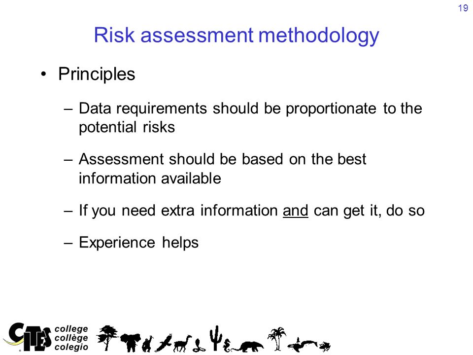 19 Risk assessment methodology Principles –Data requirements should be proportionate to the potential risks –Assessment should be based on the best information available –If you need extra information and can get it, do so –Experience helps