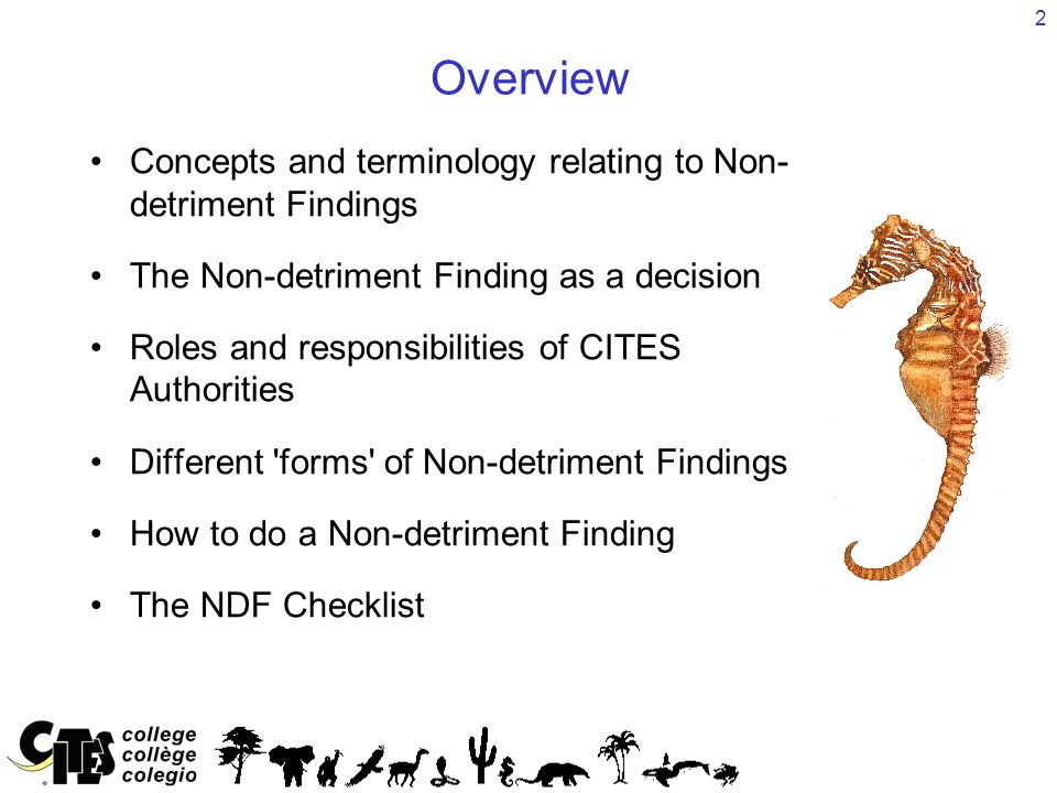 2 Overview Concepts and terminology relating to Non- detriment Findings The Non-detriment Finding as a decision Roles and responsibilities of CITES Authorities Different forms of Non-detriment Findings How to do a Non-detriment Finding The NDF Checklist