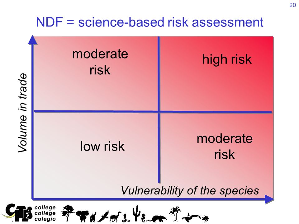 20 low risk moderate risk NDF = science-based risk assessment Vulnerability of the species Volume in trade high risk