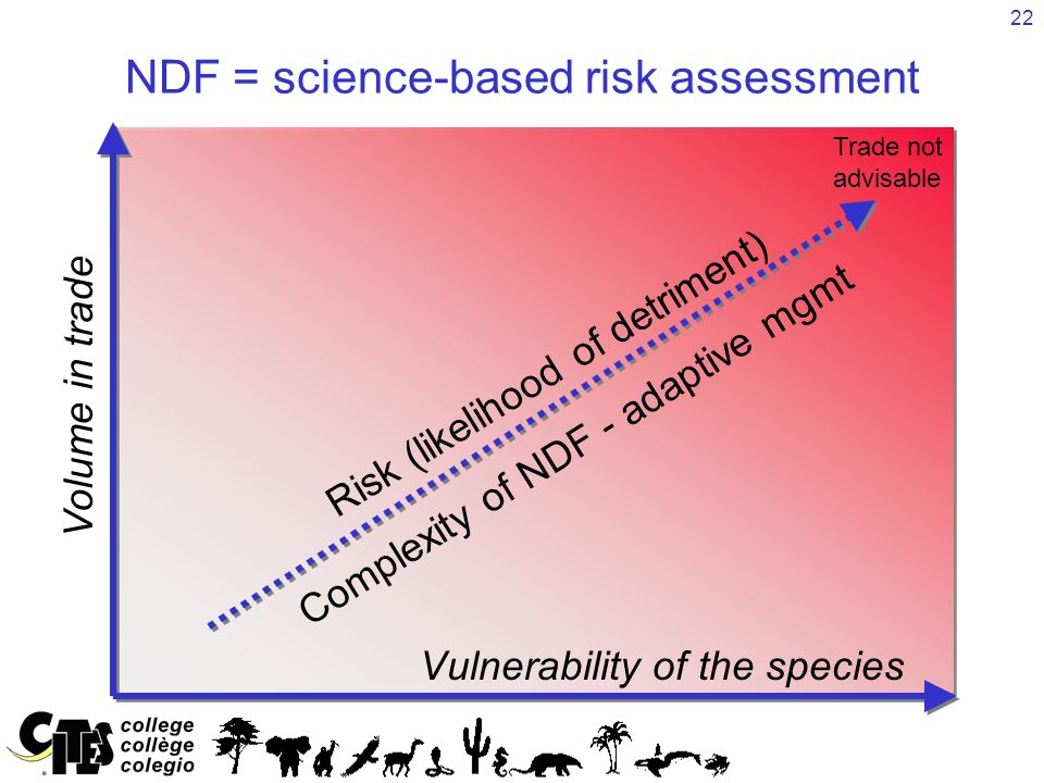 22 SigTrade Review NDF = science-based risk assessment Vulnerability of the species Volume in trade Risk (likelihood of detriment) Complexity of NDF - adaptive mgmt Trade not advisable