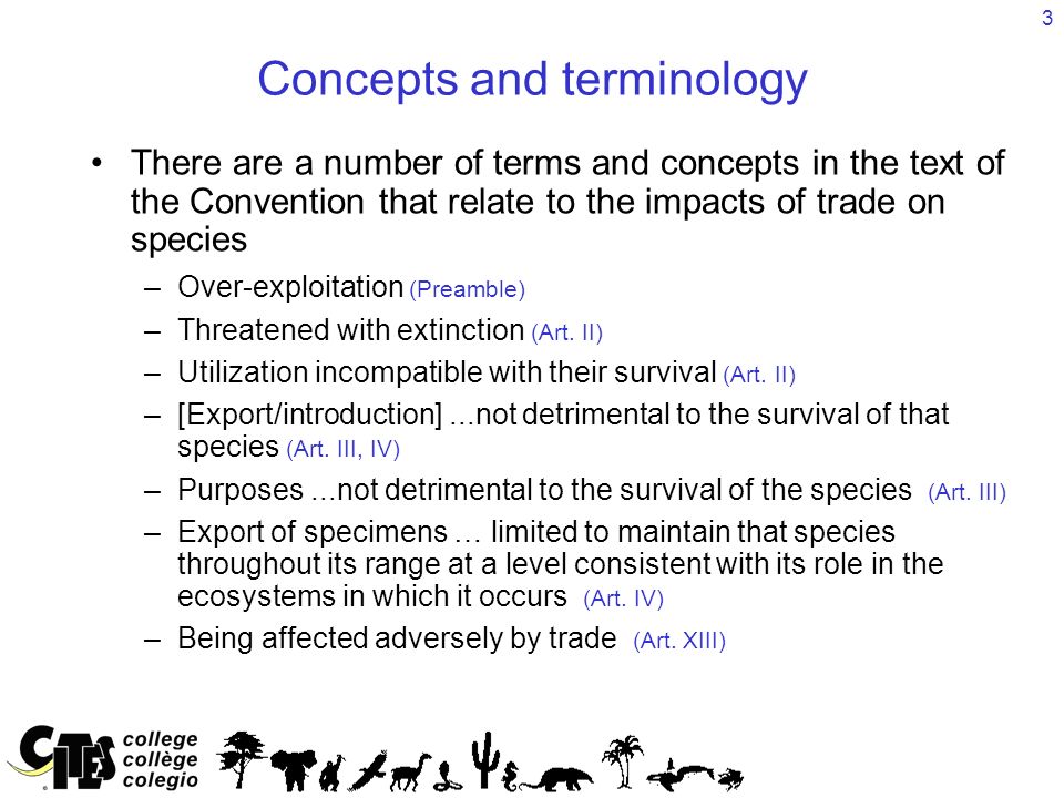 3 Concepts and terminology There are a number of terms and concepts in the text of the Convention that relate to the impacts of trade on species –Over-exploitation (Preamble) –Threatened with extinction (Art.
