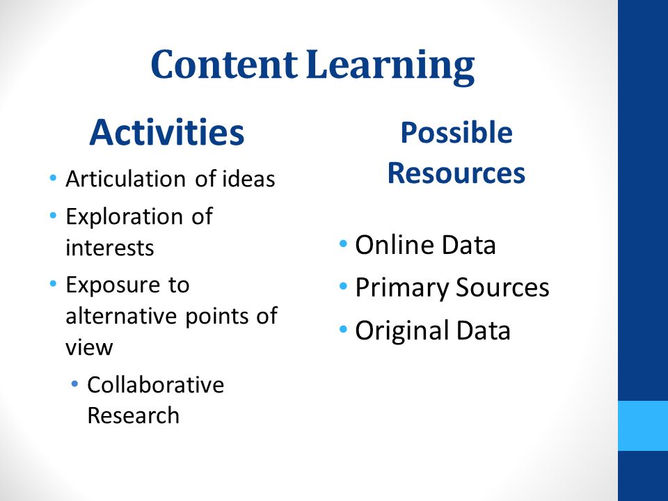 Content Learning Activities Articulation of ideas Exploration of interests Exposure to alternative points of view Collaborative Research Possible Resources Online Data Primary Sources Original Data
