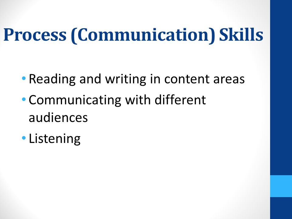 Process (Communication) Skills Reading and writing in content areas Communicating with different audiences Listening