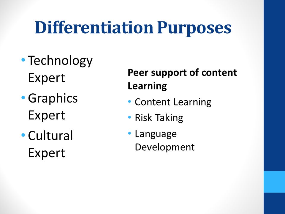 Differentiation Purposes Technology Expert Graphics Expert Cultural Expert Peer support of content Learning Content Learning Risk Taking Language Development