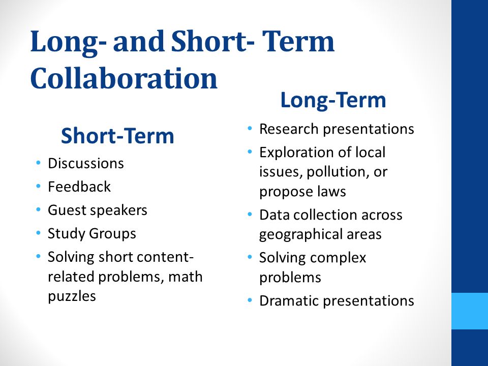 Long- and Short- Term Collaboration Short-Term Discussions Feedback Guest speakers Study Groups Solving short content- related problems, math puzzles Long-Term Research presentations Exploration of local issues, pollution, or propose laws Data collection across geographical areas Solving complex problems Dramatic presentations