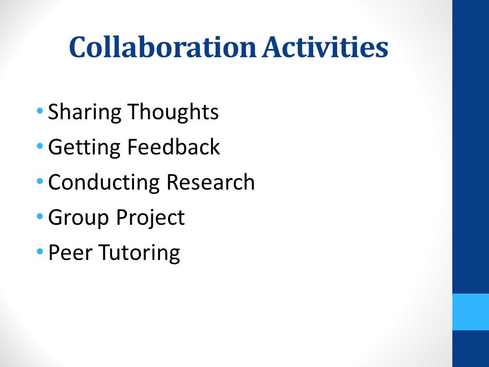 Collaboration Activities Sharing Thoughts Getting Feedback Conducting Research Group Project Peer Tutoring