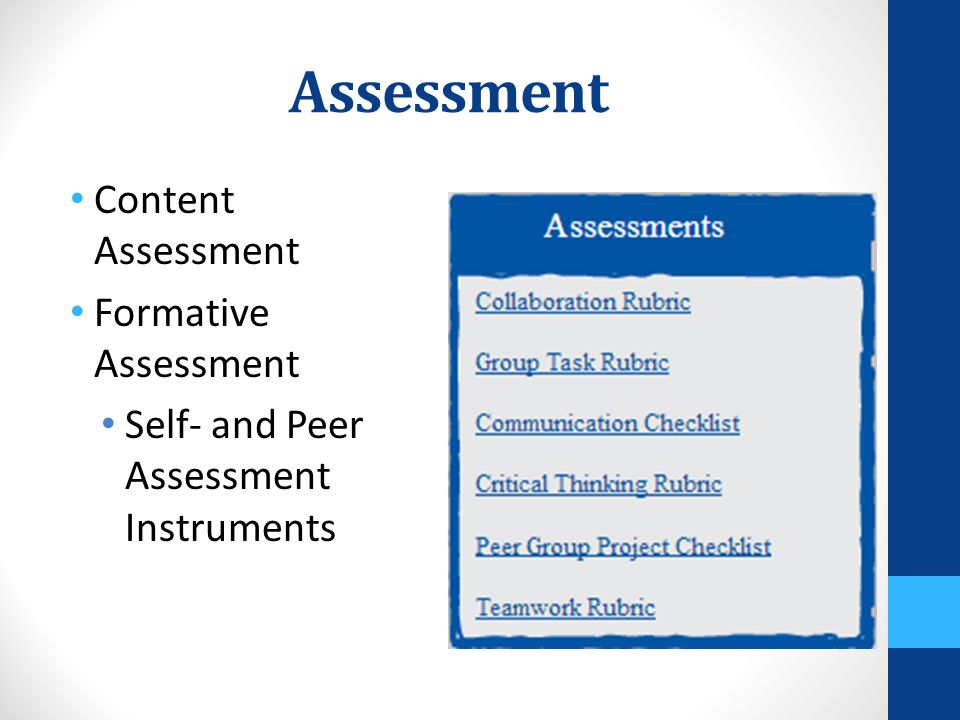 Assessment Content Assessment Formative Assessment Self- and Peer Assessment Instruments