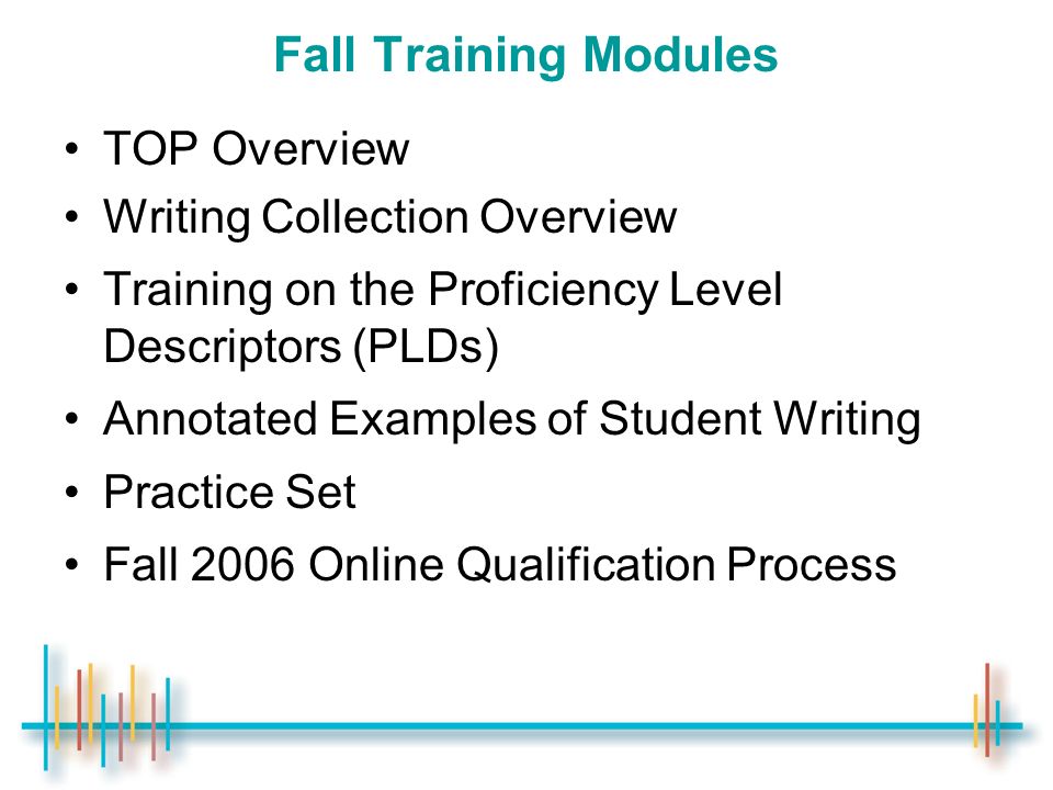 Fall Training Modules TOP Overview Writing Collection Overview Training on the Proficiency Level Descriptors (PLDs) Annotated Examples of Student Writing Practice Set Fall 2006 Online Qualification Process