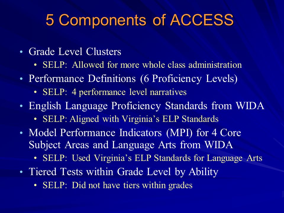 5 Components of ACCESS Grade Level Clusters SELP: Allowed for more whole class administration Performance Definitions (6 Proficiency Levels) SELP: 4 performance level narratives English Language Proficiency Standards from WIDA SELP: Aligned with Virginia’s ELP Standards Model Performance Indicators (MPI) for 4 Core Subject Areas and Language Arts from WIDA SELP: Used Virginia’s ELP Standards for Language Arts Tiered Tests within Grade Level by Ability SELP: Did not have tiers within grades
