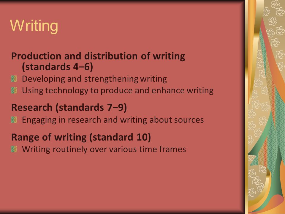 Writing Production and distribution of writing (standards 4−6) Developing and strengthening writing Using technology to produce and enhance writing Research (standards 7−9) Engaging in research and writing about sources Range of writing (standard 10) Writing routinely over various time frames