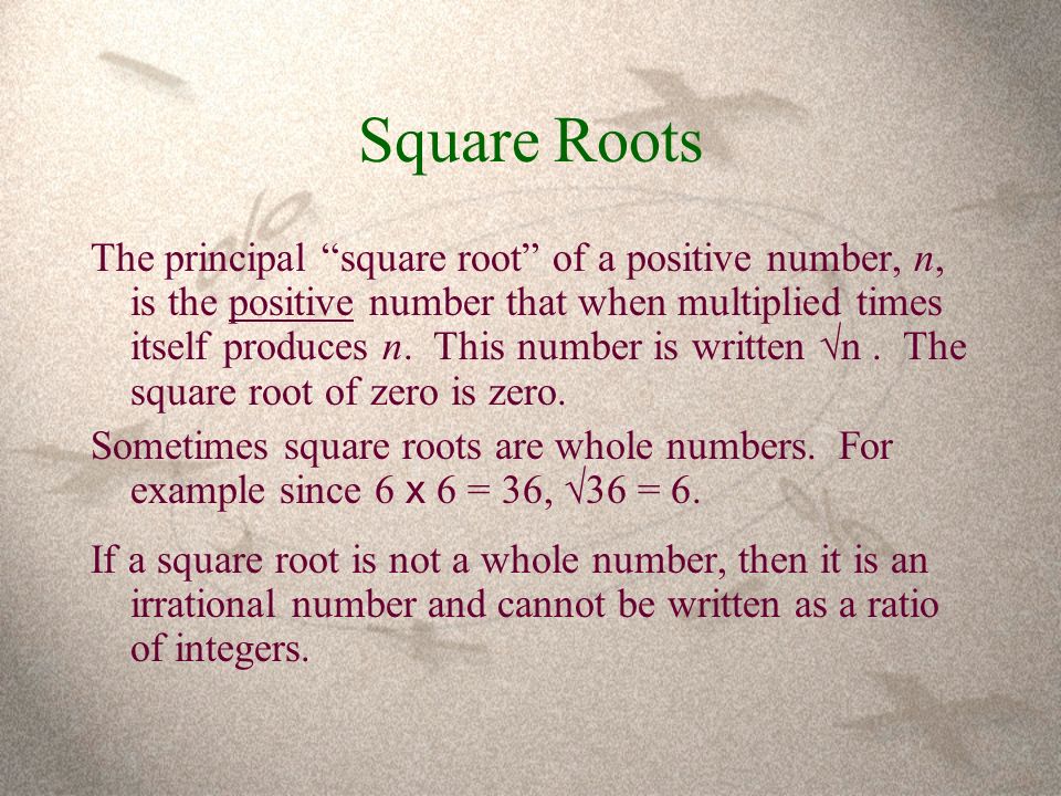 Square Roots The principal square root of a positive number, n, is the positive number that when multiplied times itself produces n.