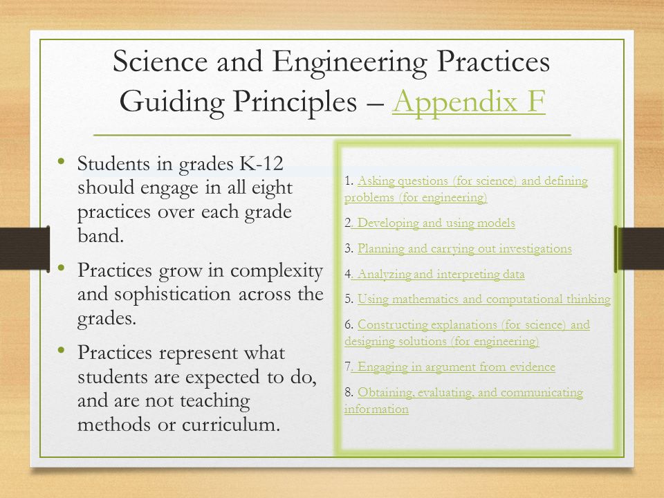 Science and Engineering Practices Guiding Principles – Appendix FAppendix F Students in grades K-12 should engage in all eight practices over each grade band.