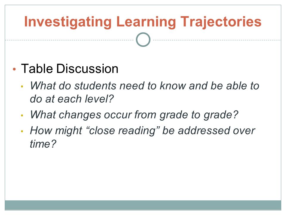 Investigating Learning Trajectories Table Discussion What do students need to know and be able to do at each level.