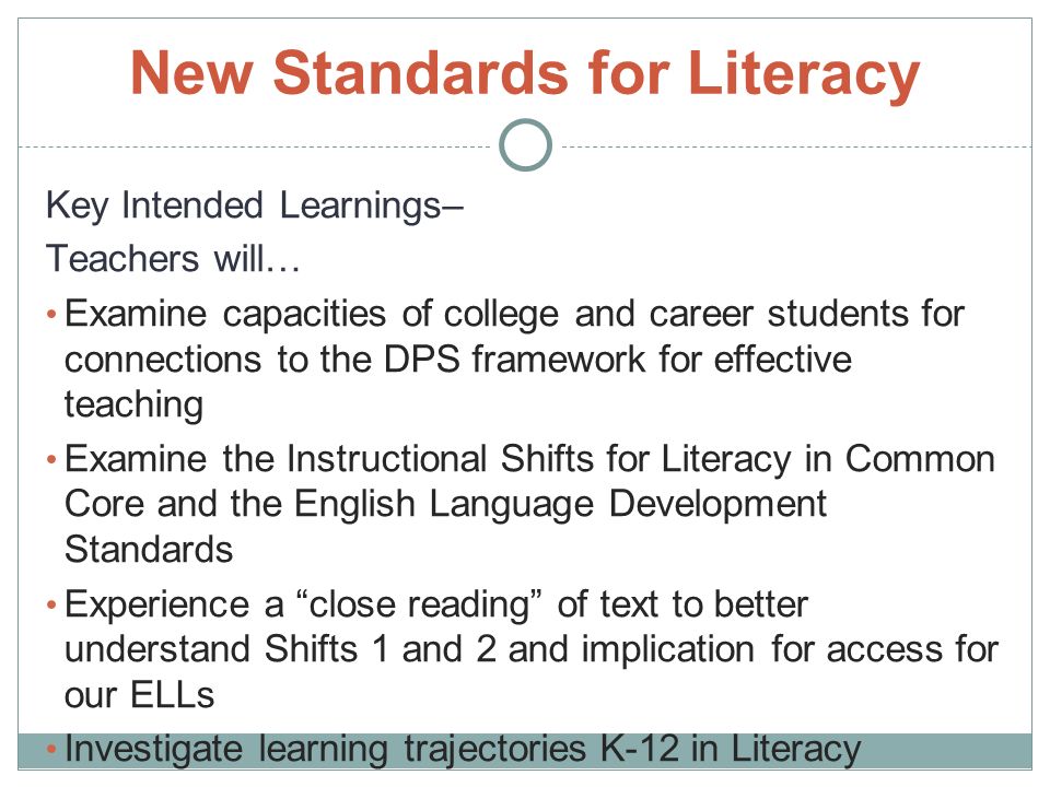 New Standards for Literacy Key Intended Learnings– Teachers will… Examine capacities of college and career students for connections to the DPS framework for effective teaching Examine the Instructional Shifts for Literacy in Common Core and the English Language Development Standards Experience a close reading of text to better understand Shifts 1 and 2 and implication for access for our ELLs Investigate learning trajectories K-12 in Literacy