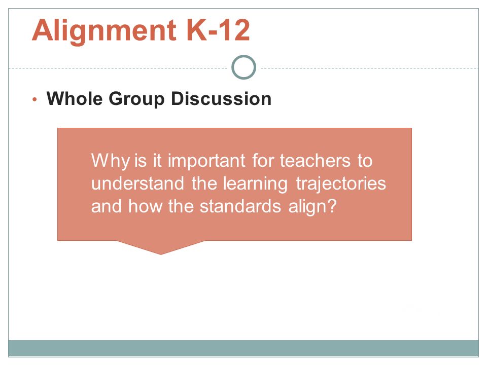 Alignment K-12 Whole Group Discussion Why is it important for teachers to understand the learning trajectories and how the standards align