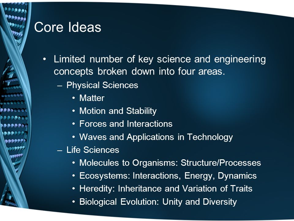 Core Ideas Limited number of key science and engineering concepts broken down into four areas.