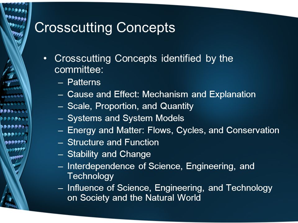 Crosscutting Concepts Crosscutting Concepts identified by the committee: –Patterns –Cause and Effect: Mechanism and Explanation –Scale, Proportion, and Quantity –Systems and System Models –Energy and Matter: Flows, Cycles, and Conservation –Structure and Function –Stability and Change –Interdependence of Science, Engineering, and Technology –Influence of Science, Engineering, and Technology on Society and the Natural World