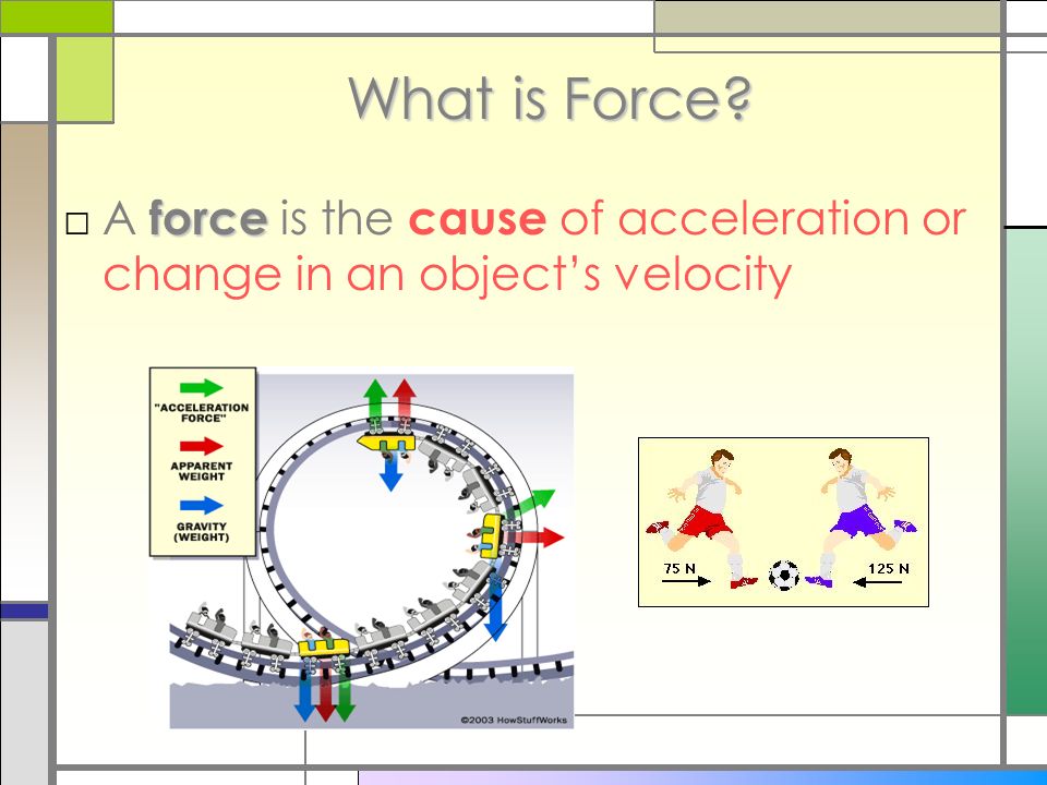 What is Force force □A force is the cause of acceleration or change in an object’s velocity
