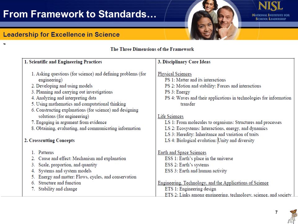 Leadership for Excellence in Science 7 From Framework to Standards… 7