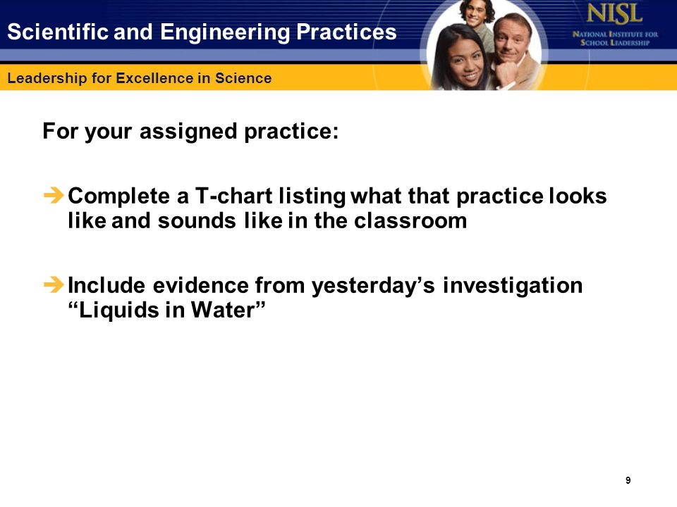 Leadership for Excellence in Science 9 Scientific and Engineering Practices For your assigned practice: èComplete a T-chart listing what that practice looks like and sounds like in the classroom èInclude evidence from yesterday’s investigation Liquids in Water