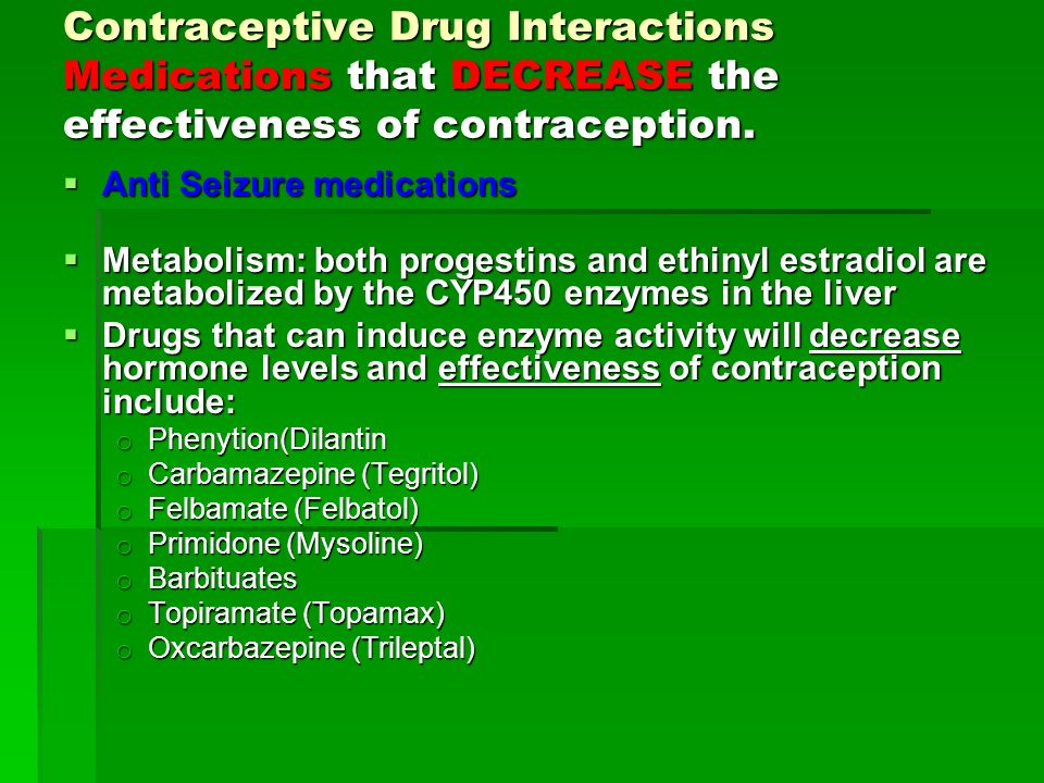 Contraceptive Drug Interactions Medications that DECREASE the effectiveness of contraception.