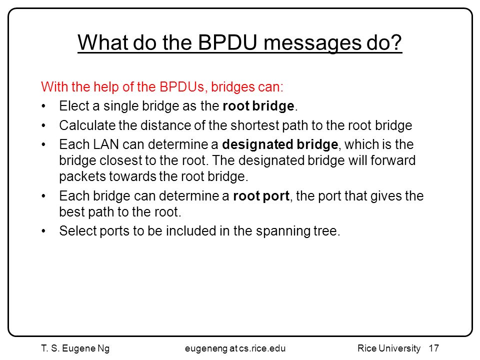 T. S. Eugene Ngeugeneng at cs.rice.edu Rice University17 What do the BPDU messages do.