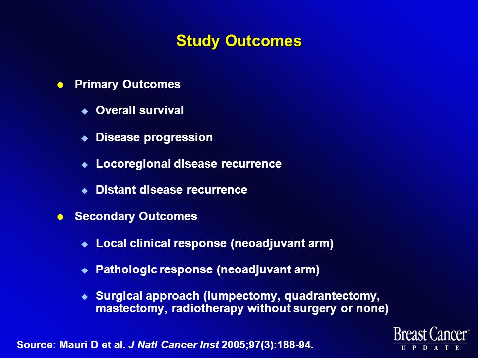 Study Outcomes Primary Outcomes  Overall survival  Disease progression  Locoregional disease recurrence  Distant disease recurrence Secondary Outcomes  Local clinical response (neoadjuvant arm)  Pathologic response (neoadjuvant arm)  Surgical approach (lumpectomy, quadrantectomy, mastectomy, radiotherapy without surgery or none) Source: Mauri D et al.