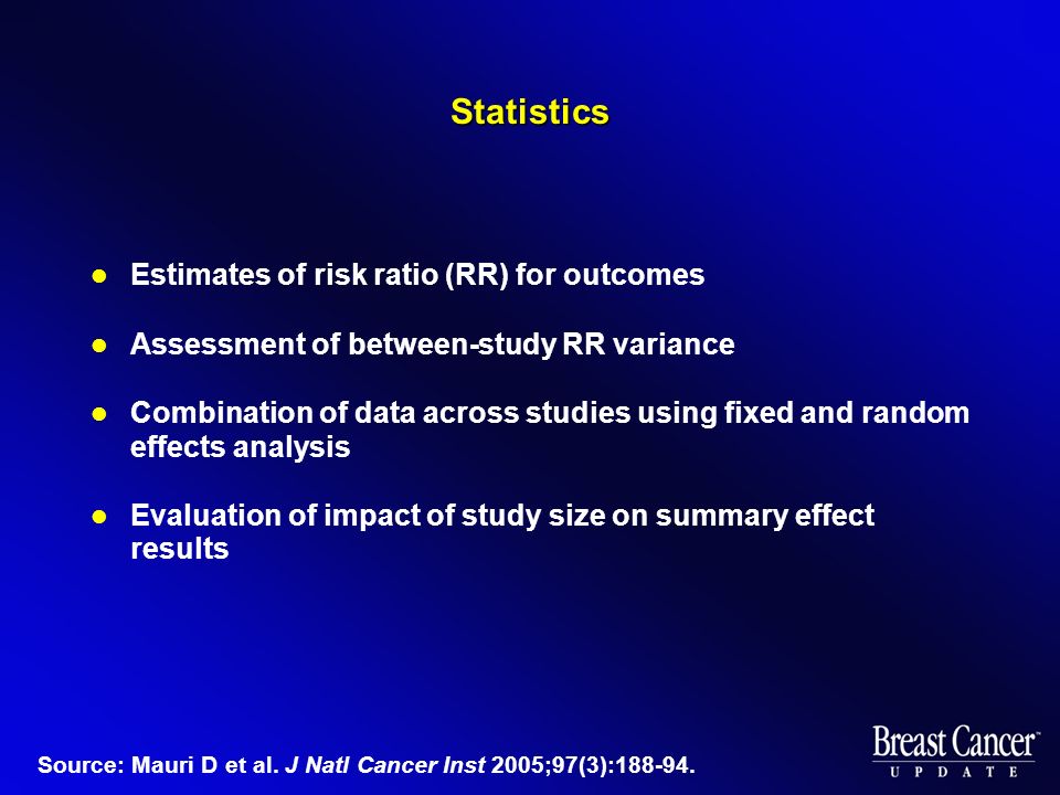 Statistics Estimates of risk ratio (RR) for outcomes Assessment of between-study RR variance Combination of data across studies using fixed and random effects analysis Evaluation of impact of study size on summary effect results Source: Mauri D et al.