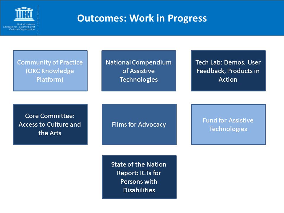 Outcomes: Work in Progress Community of Practice (OKC Knowledge Platform) National Compendium of Assistive Technologies Tech Lab: Demos, User Feedback, Products in Action Core Committee: Access to Culture and the Arts Films for Advocacy Fund for Assistive Technologies State of the Nation Report: ICTs for Persons with Disabilities