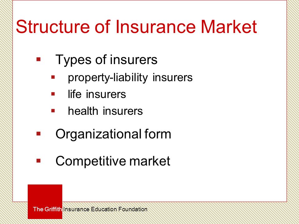 Structure of Insurance Market  Types of insurers  property-liability insurers  life insurers  health insurers  Organizational form  Competitive market The Griffith Insurance Education Foundation