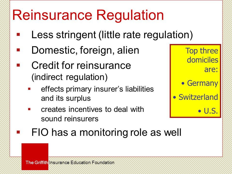 Reinsurance Regulation  Less stringent (little rate regulation)  Domestic, foreign, alien  Credit for reinsurance (indirect regulation)  effects primary insurer’s liabilities and its surplus  creates incentives to deal with sound reinsurers  FIO has a monitoring role as well The Griffith Insurance Education Foundation Top three domiciles are: Germany Switzerland U.S.