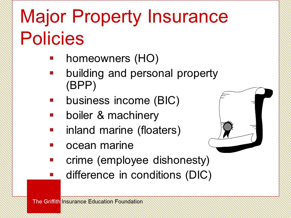 Major Property Insurance Policies  homeowners (HO)  building and personal property (BPP)  business income (BIC)  boiler & machinery  inland marine (floaters)  ocean marine  crime (employee dishonesty)  difference in conditions (DIC)