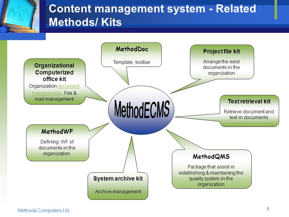 Methoda Computers Ltd 4 Content management system - Related Methods/ Kits MethodQMS Package that assist in establishing & maintaining the quality system in the organization Text retrieval kit Retrieve document and text in documents Project file kit Arrange the exist documents in the organization MethodDoc Template, toolbar Organizational Computerized office kit Organization document management, Fax & mail management document management MethodWF Defining WF of documents in the organization System archive kit Archive management
