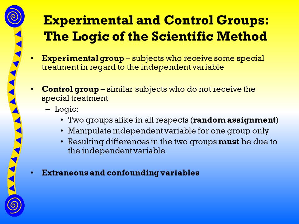 Experimental and Control Groups: The Logic of the Scientific Method Experimental group – subjects who receive some special treatment in regard to the independent variable Control group – similar subjects who do not receive the special treatment – Logic: Two groups alike in all respects (random assignment) Manipulate independent variable for one group only Resulting differences in the two groups must be due to the independent variable Extraneous and confounding variables
