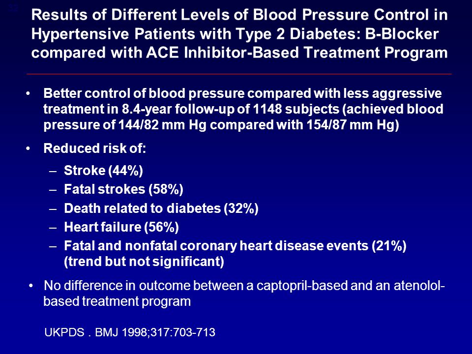 32 Results of Different Levels of Blood Pressure Control in Hypertensive Patients with Type 2 Diabetes: B-Blocker compared with ACE Inhibitor-Based Treatment Program Better control of blood pressure compared with less aggressive treatment in 8.4-year follow-up of 1148 subjects (achieved blood pressure of 144/82 mm Hg compared with 154/87 mm Hg) Reduced risk of: –Stroke (44%) –Fatal strokes (58%) –Death related to diabetes (32%) –Heart failure (56%) –Fatal and nonfatal coronary heart disease events (21%) (trend but not significant) No difference in outcome between a captopril-based and an atenolol- based treatment program UKPDS.