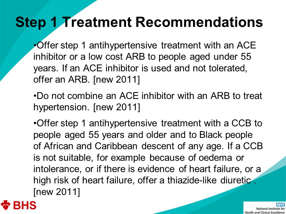Step 1 Treatment Recommendations Offer step 1 antihypertensive treatment with an ACE inhibitor or a low cost ARB to people aged under 55 years.