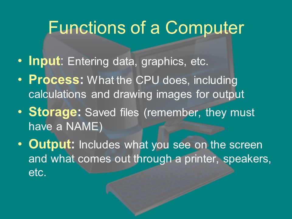 Functions of a Computer Input: Entering data, graphics, etc.