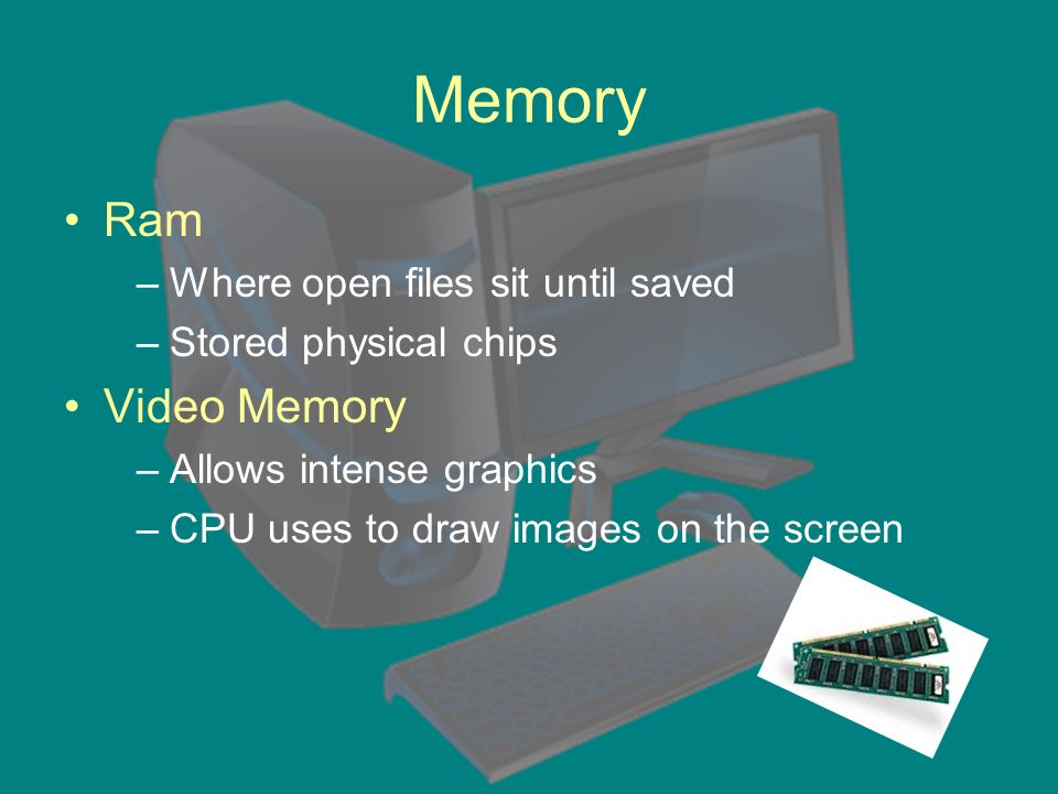 Memory Ram –Where open files sit until saved –Stored physical chips Video Memory –Allows intense graphics –CPU uses to draw images on the screen