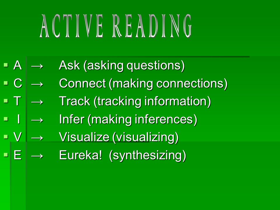  A→Ask (asking questions)  C→Connect (making connections)  T→Track (tracking information)  I→Infer (making inferences)  V→Visualize (visualizing)  E→Eureka.