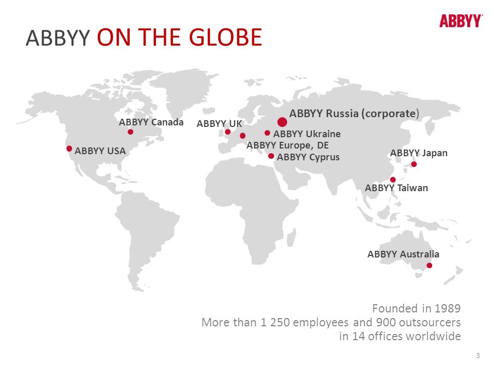 ABBYY ON THE GLOBE 3 Founded in 1989 More than employees and 900 outsourcers in 14 offices worldwide ABBYY Canada ABBYY USA ABBYY UK ABBYY Europe, DE ABBYY Cyprus ABBYY Russia (corporate) ABBYY Ukraine ABBYY Australia ABBYY Taiwan ABBYY Japan