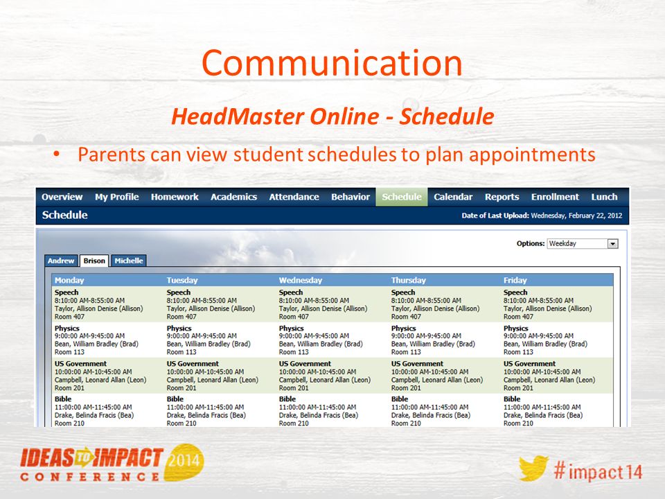 Communication Parents can view student schedules to plan appointments HeadMaster Online - Schedule