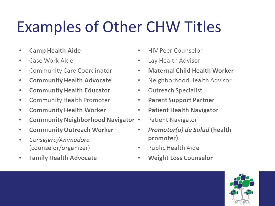 Examples of Other CHW Titles Camp Health Aide Case Work Aide Community Care Coordinator Community Health Advocate Community Health Educator Community Health Promoter Community Health Worker Community Neighborhood Navigator Community Outreach Worker Consejera/Animadora (counselor/organizer) Family Health Advocate HIV Peer Counselor Lay Health Advisor Maternal Child Health Worker Neighborhood Health Advisor Outreach Specialist Parent Support Partner Patient Health Navigator Patient Navigator Promotor(a) de Salud (health promoter) Public Health Aide Weight Loss Counselor