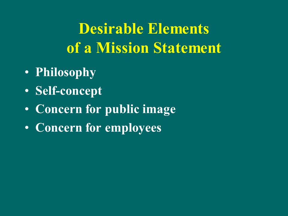 Desirable Elements of a Mission Statement Philosophy Self-concept Concern for public image Concern for employees