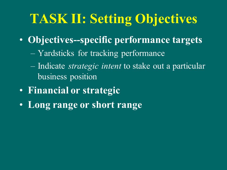 TASK II: Setting Objectives Objectives--specific performance targets –Yardsticks for tracking performance –Indicate strategic intent to stake out a particular business position Financial or strategic Long range or short range