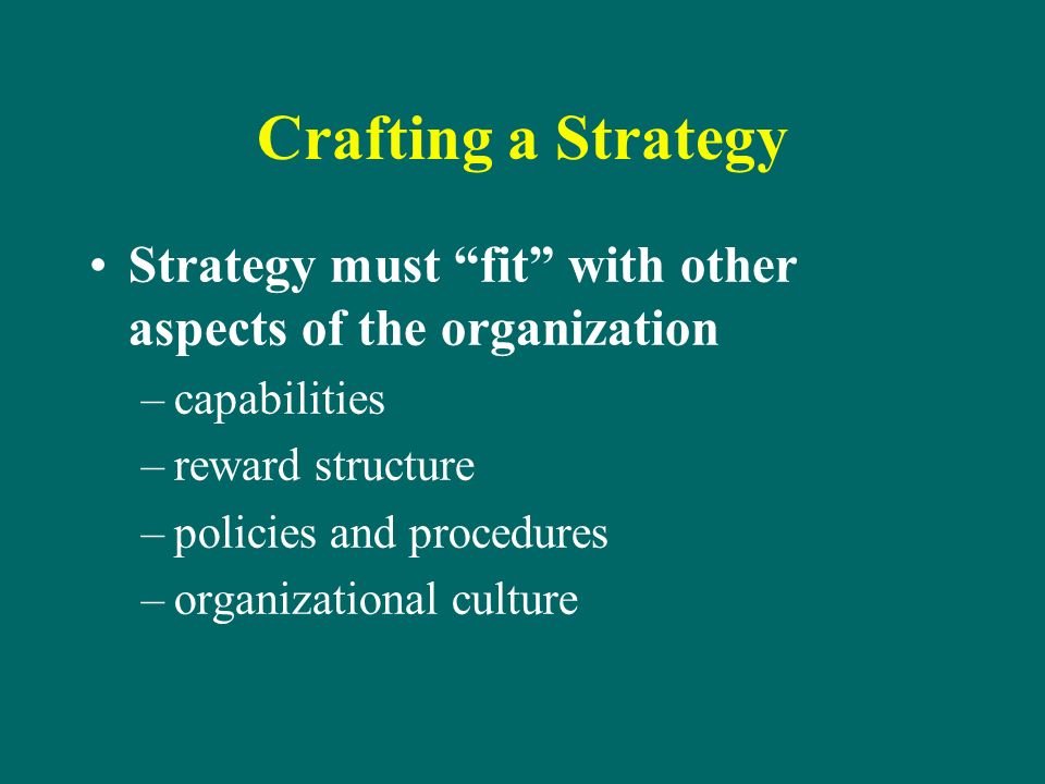 Crafting a Strategy Strategy must fit with other aspects of the organization –capabilities –reward structure –policies and procedures –organizational culture